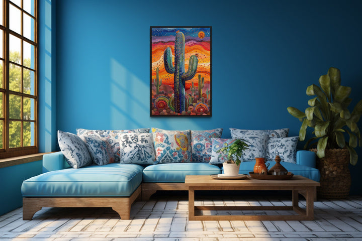 Colorful Saguaro Cactus Traditional Mexican Framed Canvas Wall Art