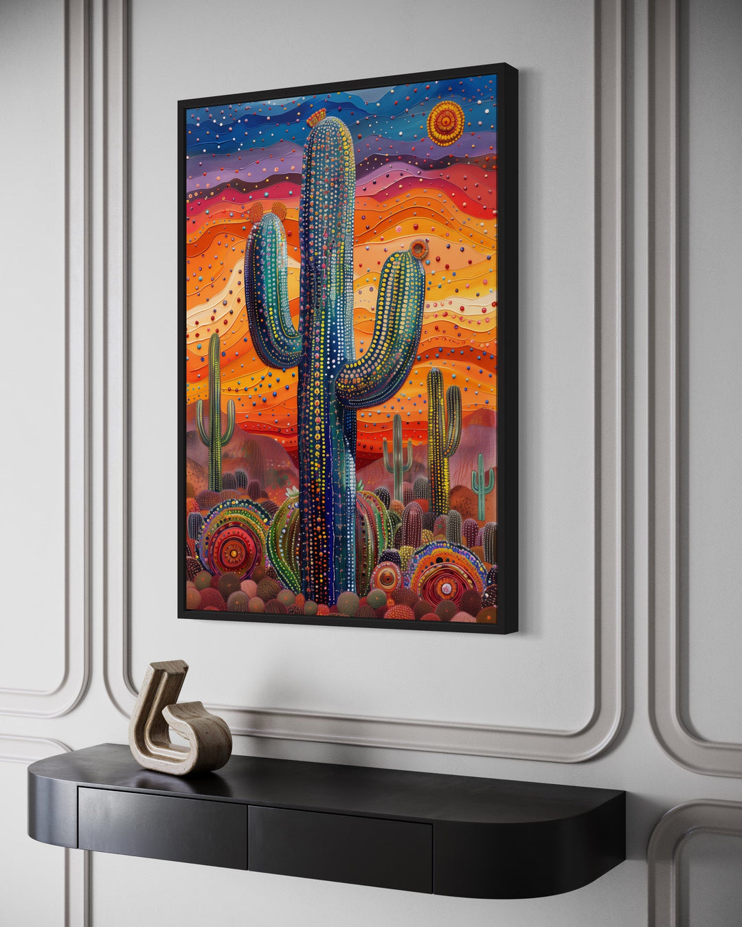 Colorful Saguaro Cactus Traditional Mexican Framed Canvas Wall Art