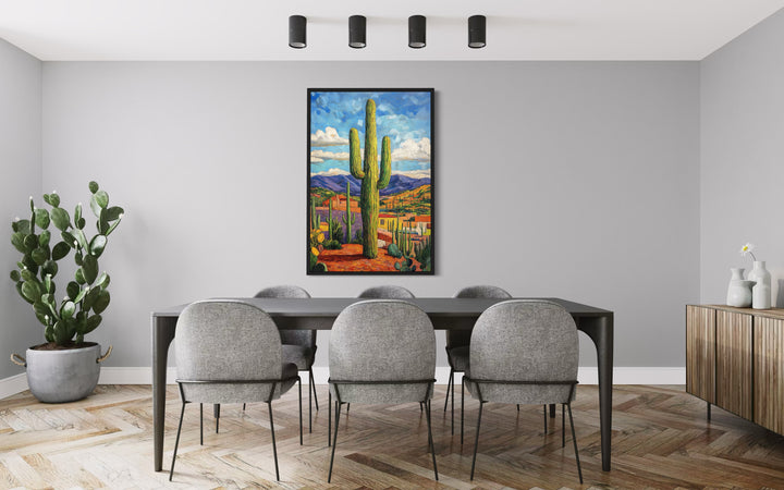 Mexican Wall Art - Colorful Saguaro Cactus Traditional Mexican Framed Canvas Wall Art