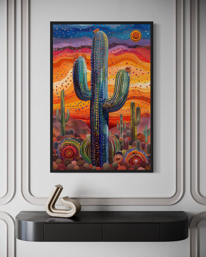 Colorful Saguaro Cactus Traditional Mexican Framed Canvas Wall Art