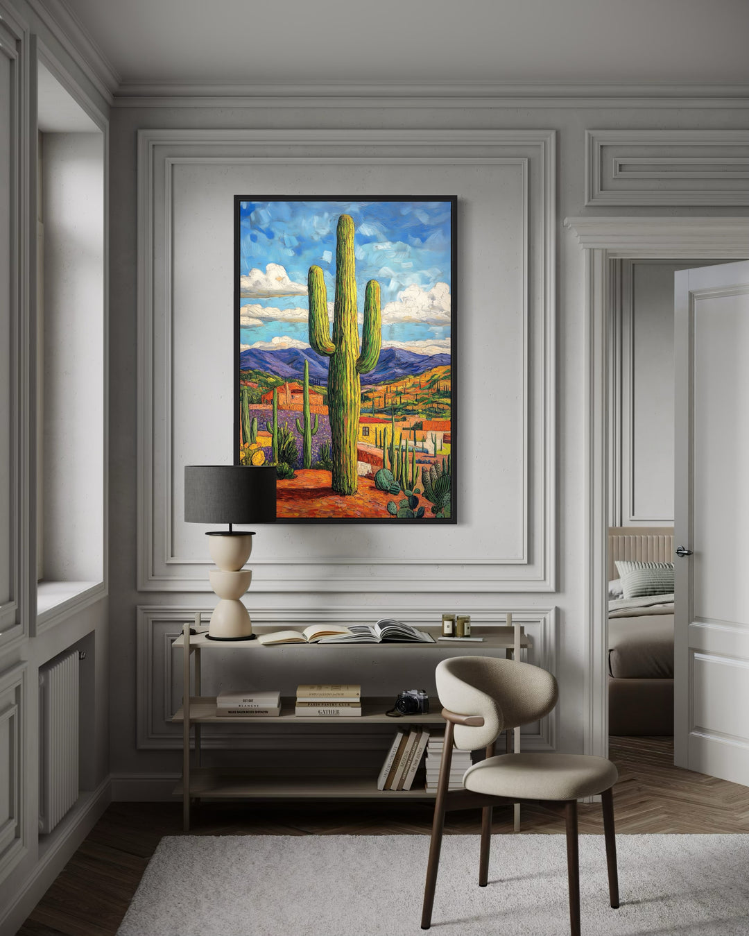 Colorful Saguaro Cactus Traditional Mexican Framed Canvas Wall Art