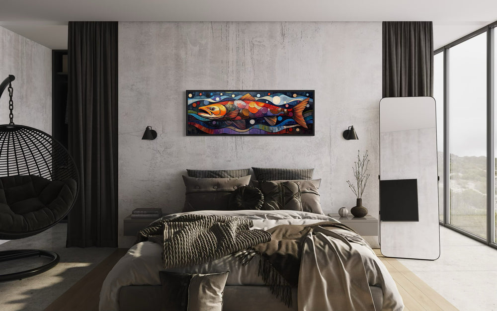 Colorful Salmon Long Horizontal Framed Canvas Wall Art in a bedroom with a bed and a hanging chair