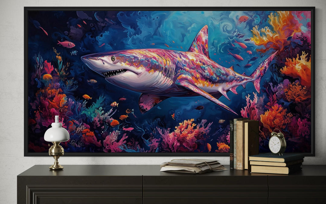 Colorful Shark In Coral Reef Framed Canvas Wall Art