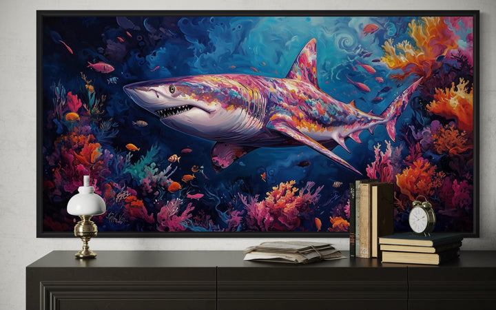 Colorful Shark In Coral Reef Framed Canvas Wall Art