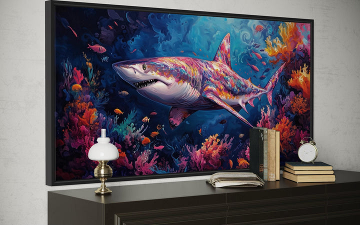 Colorful Shark In Coral Reef Framed Canvas Wall Art