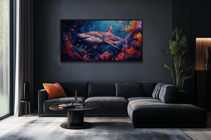 Colorful Shark In Coral Reef Framed Canvas Wall Art