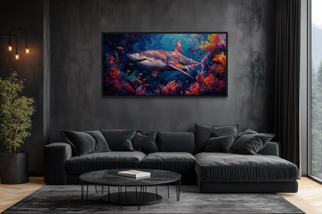 Colorful Shark In Coral Reef Framed Canvas Wall Art