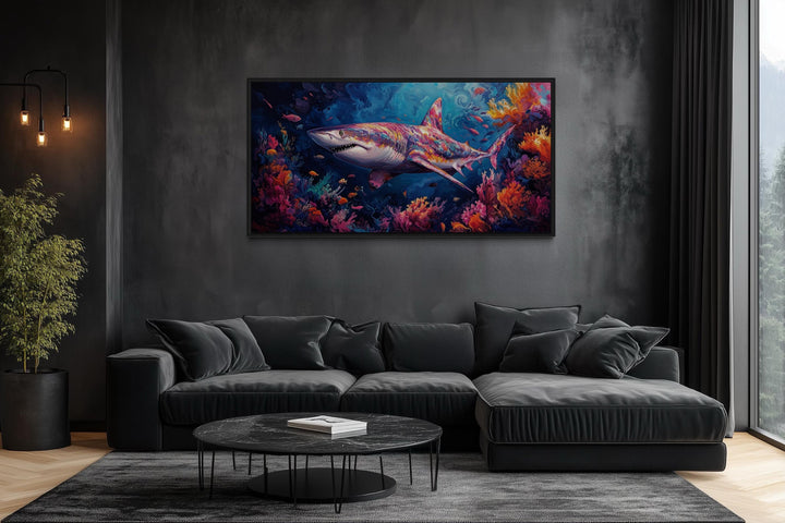 Colorful Shark In Coral Reef Framed Canvas Wall Art