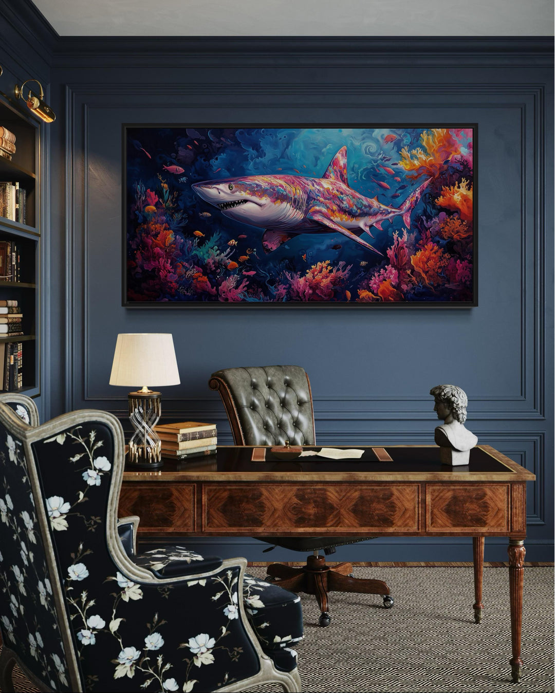 Colorful Shark In Coral Reef Framed Canvas Wall Art