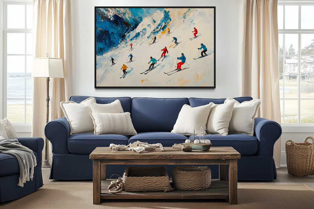 Colorful Skiers on Mountain Slope Framed Canvas Wall Art