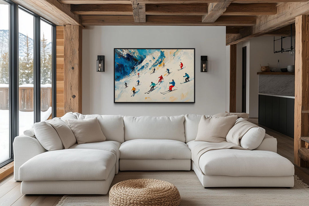 Colorful Skiers on Mountain Slope Framed Canvas Wall Art
