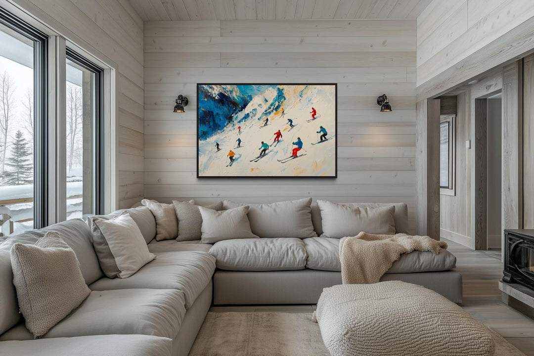 Colorful Skiers on Mountain Slope Framed Canvas Wall Art