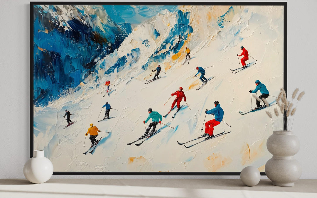 Colorful Skiers on Mountain Slope Framed Canvas Wall Art