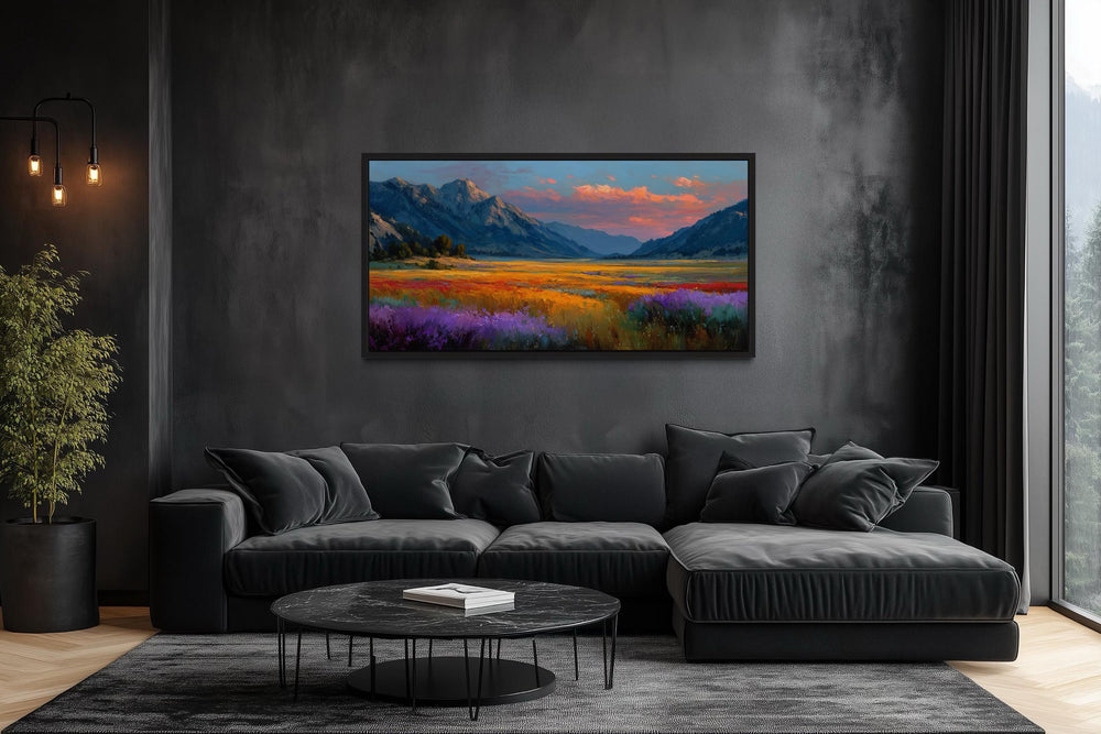 Colorful Sunset Mountain Wildflower Field Landscape Canvas Wall Art