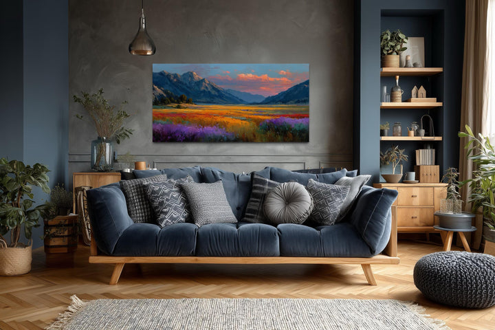 Colorful Sunset Mountain Wildflower Field Landscape Canvas Wall Art