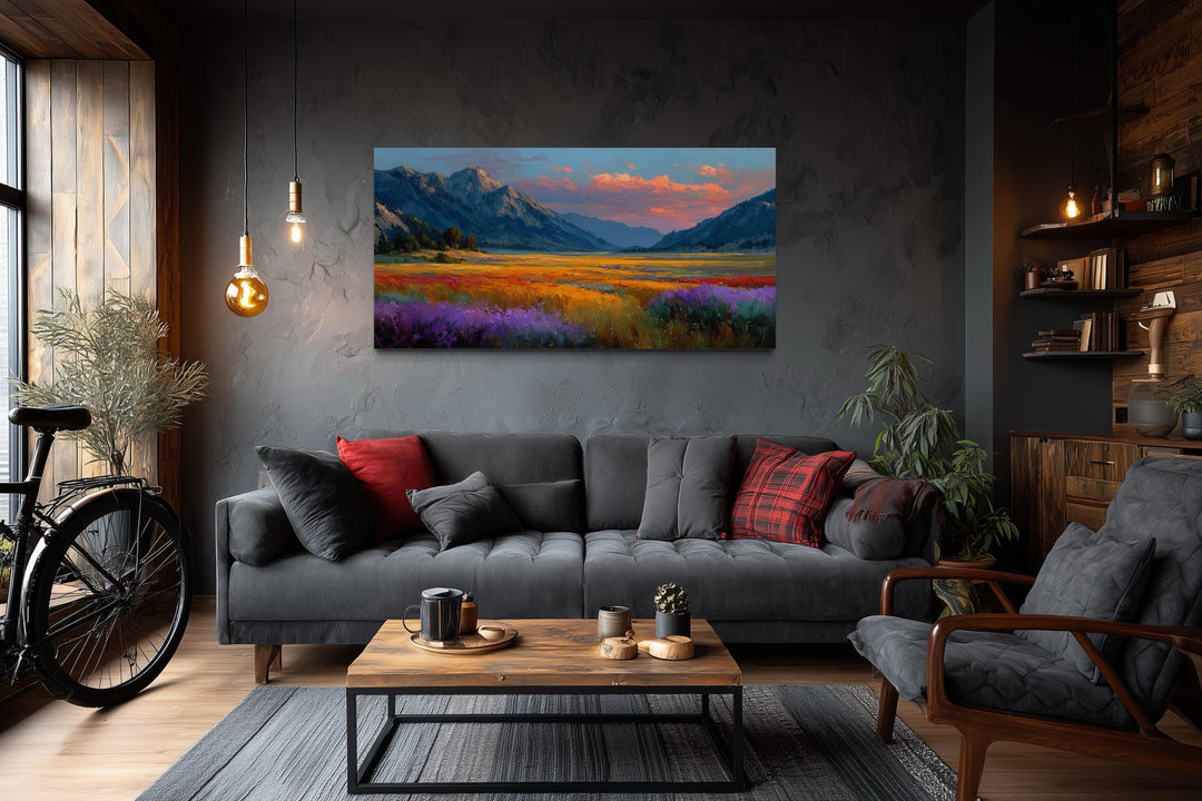 Colorful Sunset Mountain Wildflower Field Landscape Canvas Wall Art