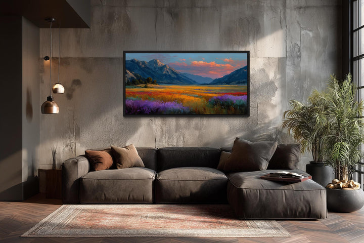 Colorful Sunset Mountain Wildflower Field Landscape Canvas Wall Art