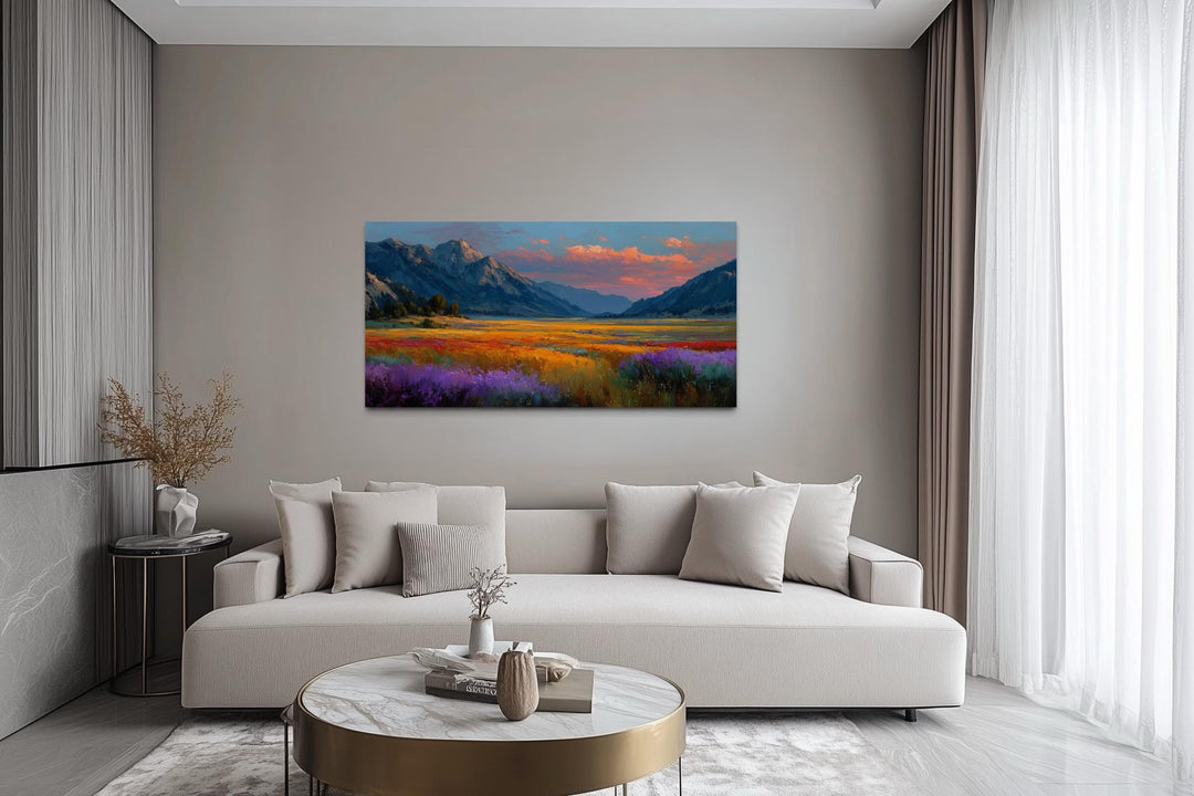 Colorful Sunset Mountain Wildflower Field Landscape Canvas Wall Art