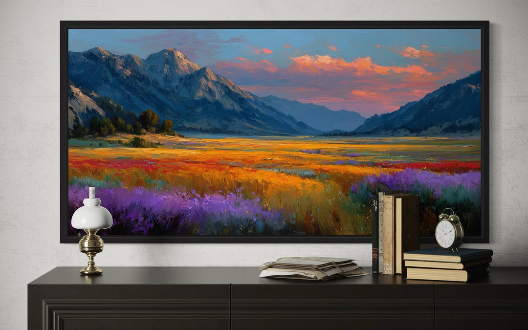 Colorful Sunset Mountain Wildflower Field Landscape Canvas Wall Art