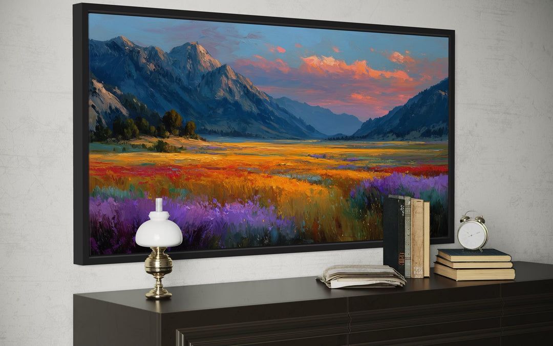 Colorful Sunset Mountain Wildflower Field Landscape Canvas Wall Art
