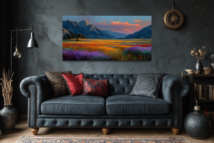 Colorful Sunset Mountain Wildflower Field Landscape Canvas Wall Art
