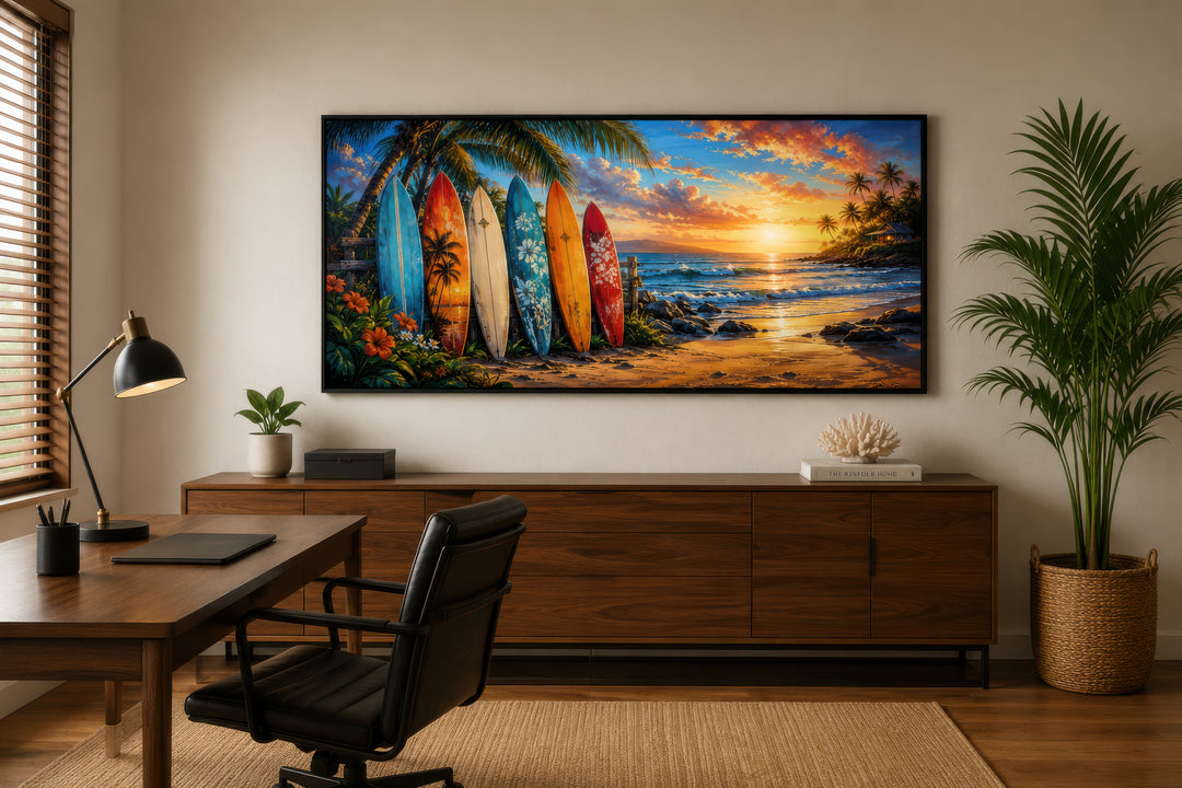 Colorful surfboards on a tropical beach at sunset framed canvas wall art in a modern office.