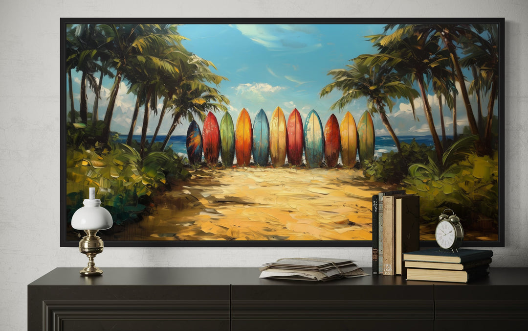 Colorful Surf Boards On The Beach Framed Canvas Wall Art