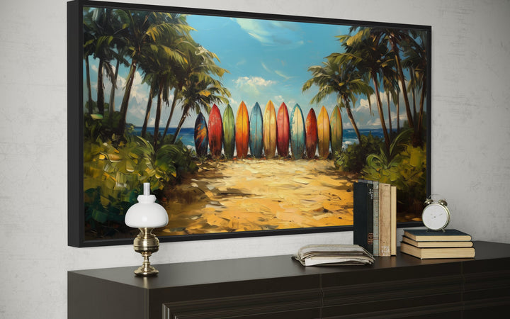 Colorful Surf Boards On The Beach Framed Canvas Wall Art