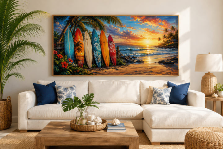 Colorful Surf Boards On The Beach Framed Canvas Wall Art above a white sofa in a coastal living room
