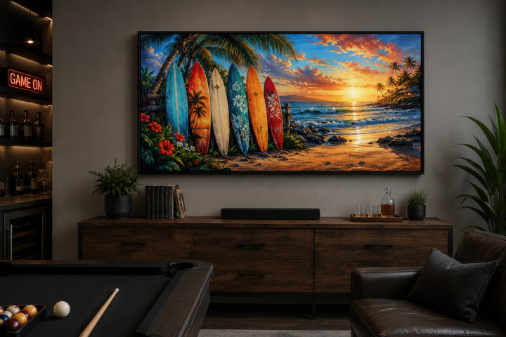 Colorful surfboards on a sunset beach framed canvas wall art in a modern living room setting.