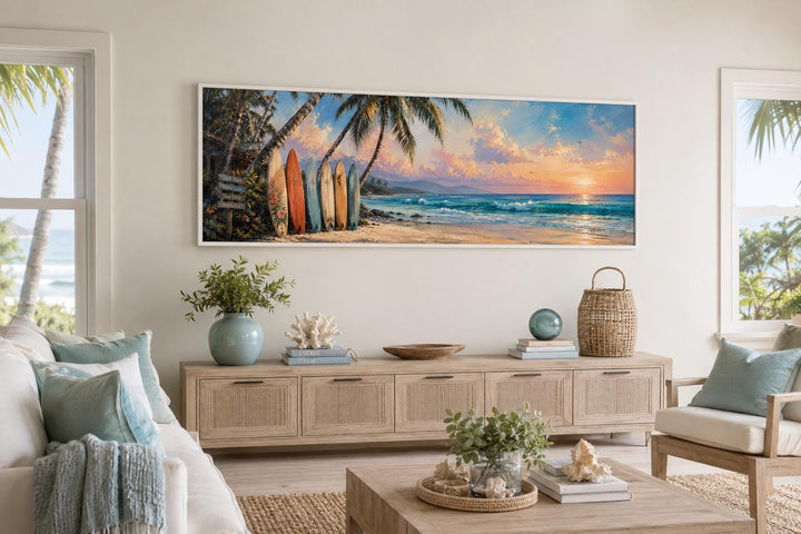 Colorful surfboards on a beach at sunset tropical horizontal canvas wall art in a coastal room.