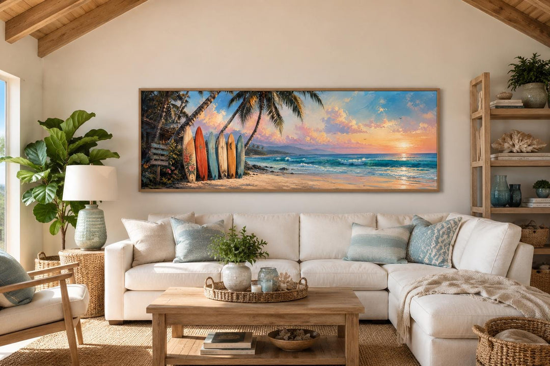 Colorful surfboards on a tropical beach at sunset, horizontal canvas wall art in a coastal room.