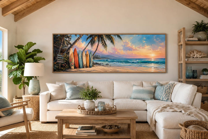 Colorful surfboards on a tropical beach at sunset, horizontal canvas wall art in a coastal room.