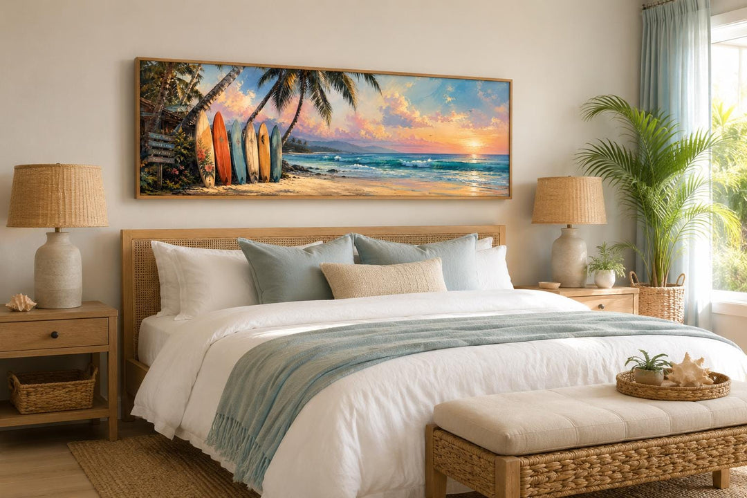 Colorful surfboards on a tropical beach at sunset, horizontal canvas wall art above a bed.