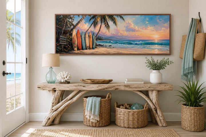 Colorful surfboards on a tropical beach at sunset, horizontal canvas wall art in a coastal room.