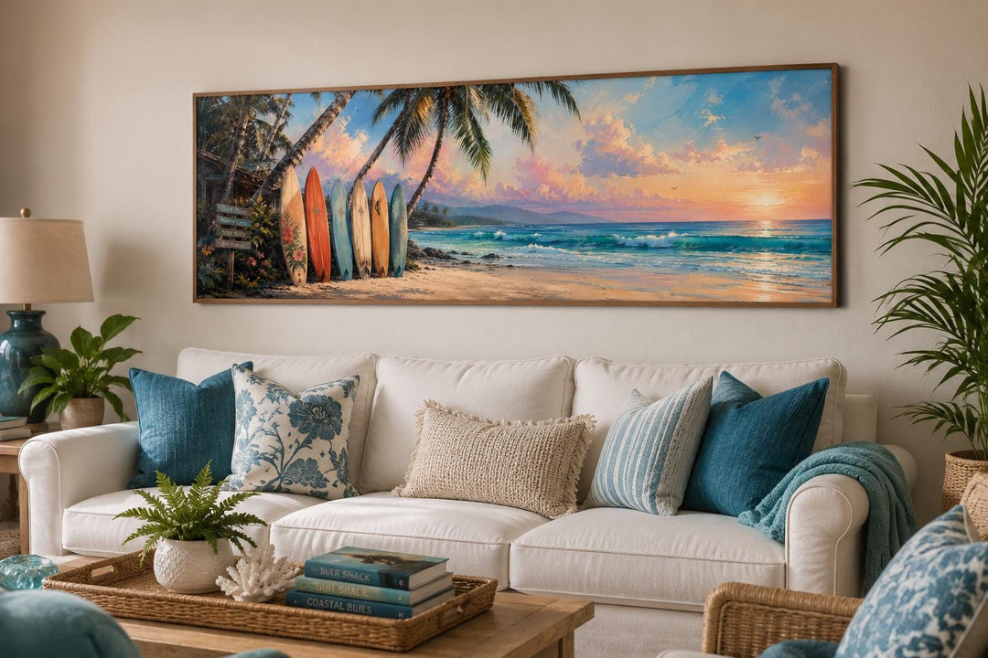 Colorful Surfboards on Beach at Sunset Tropical Horizontal Canvas Wall Art above a white sofa.