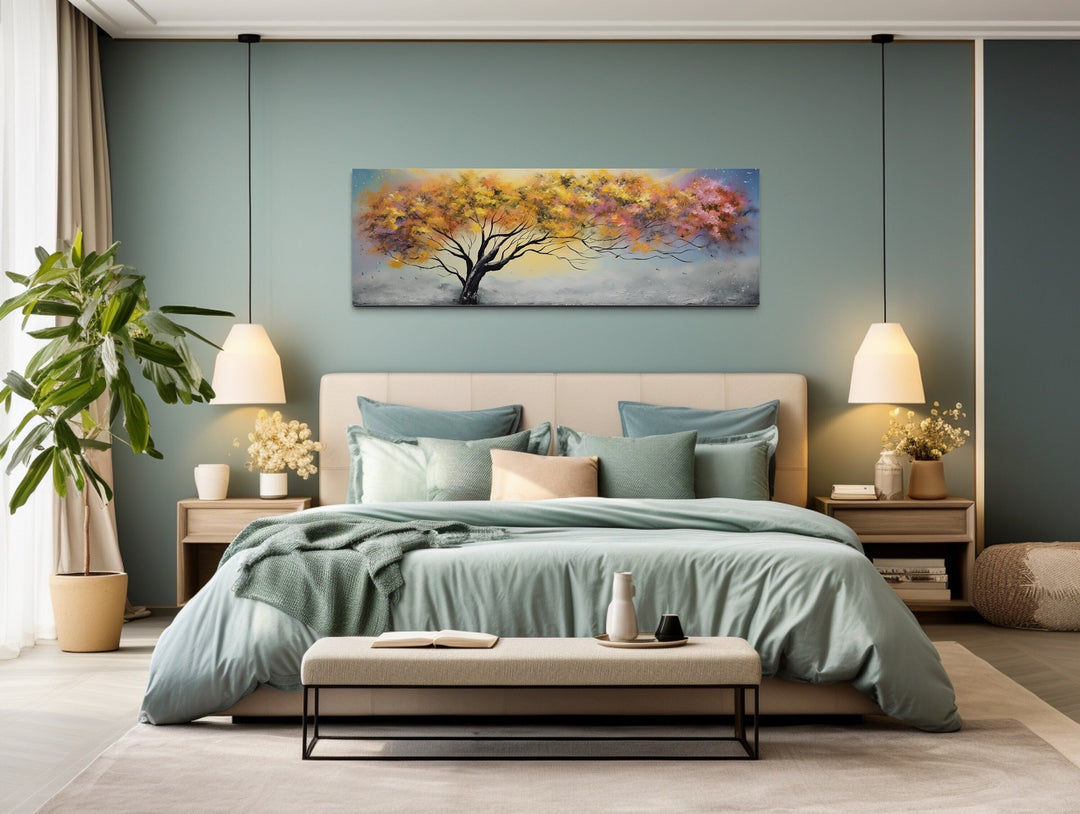 Colorful Tree Over Bed Horizontal Framed Canvas Wall Art