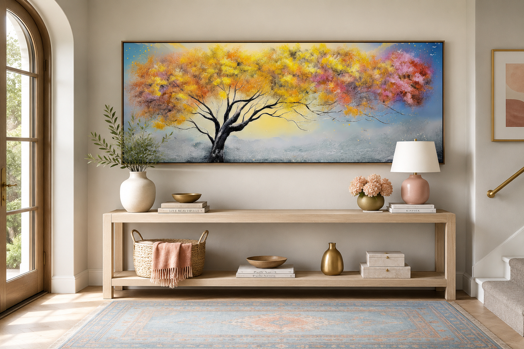 Horizontal framed canvas wall art featuring a vibrant multicolored tree in pink, blue, and yellow.