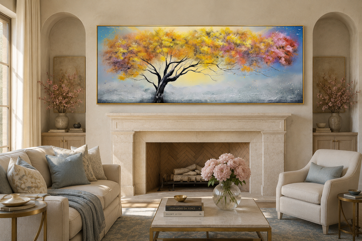 Horizontal framed canvas wall art of a vibrant tree with yellow, pink, and blue foliage.