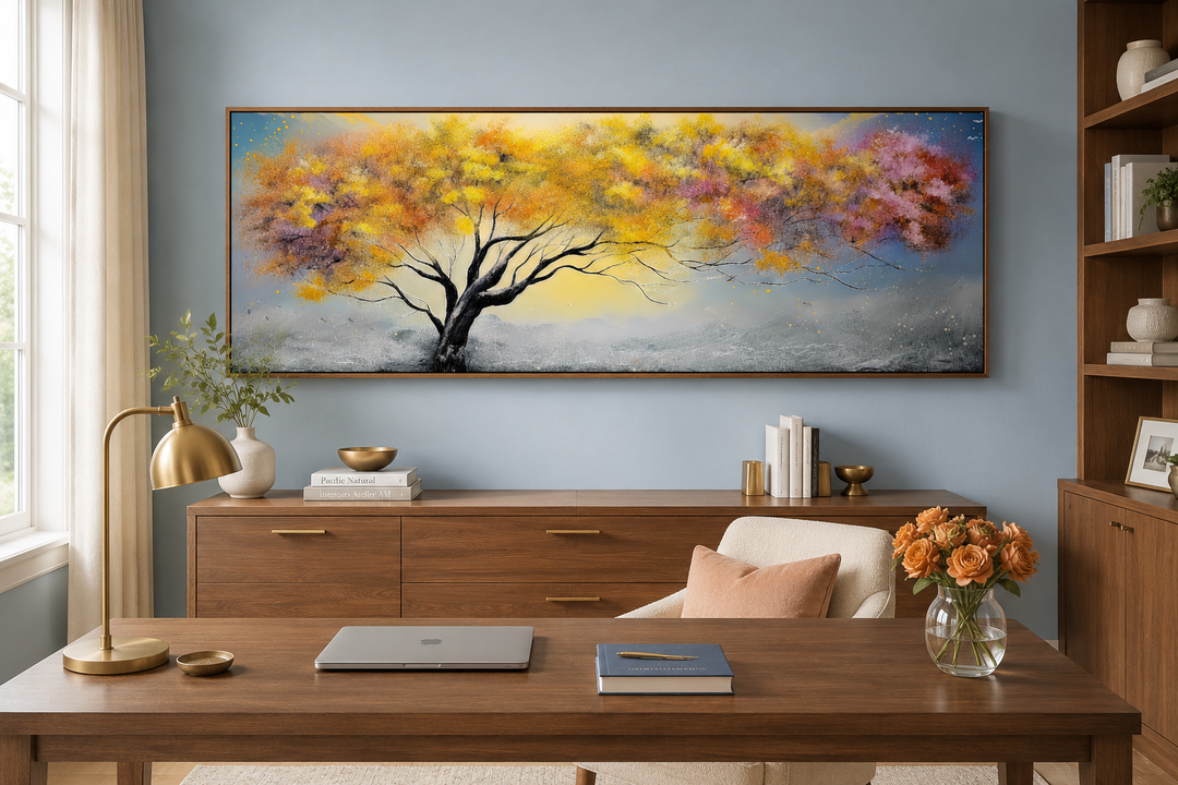 Horizontal framed canvas wall art of a colorful tree with pink, blue, and yellow foliage.
