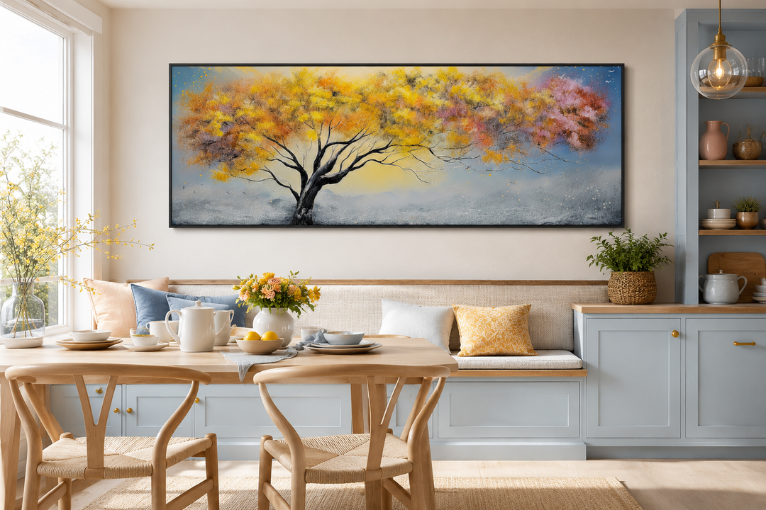 Horizontal framed canvas wall art of a colorful tree with pink, blue, and yellow foliage.