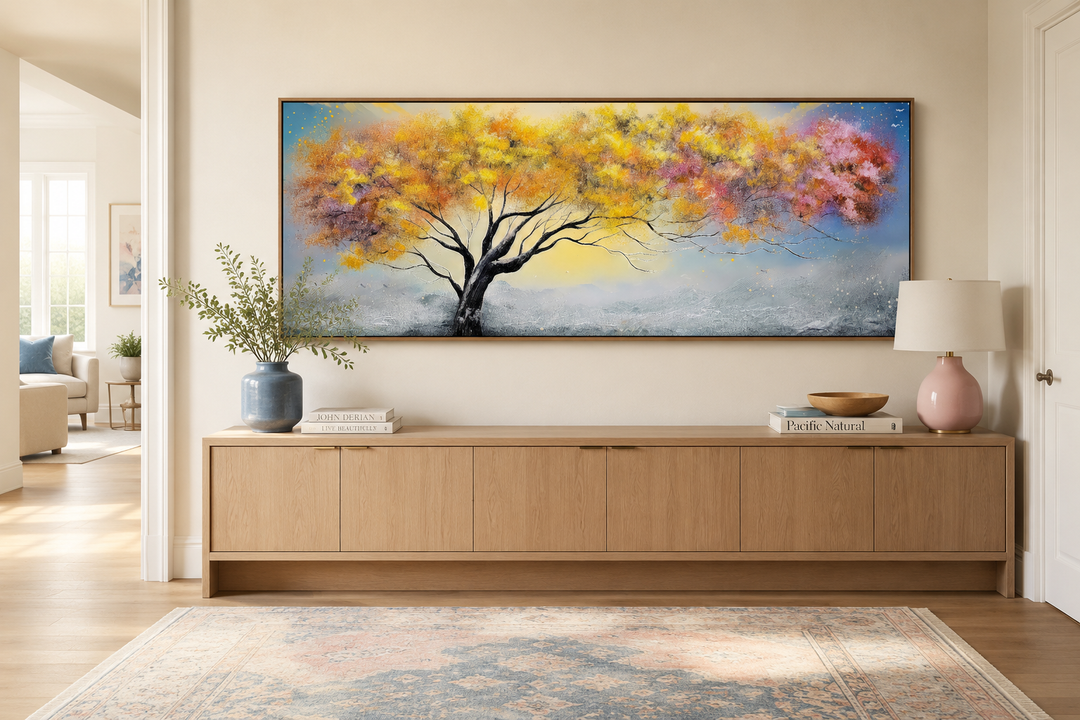 Horizontal framed canvas wall art of a colorful tree with yellow, pink, and blue foliage.