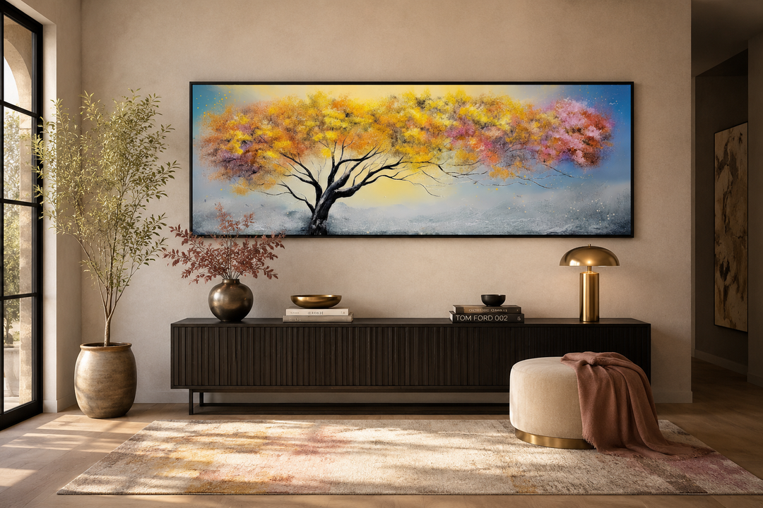 Horizontal framed canvas wall art of a colorful tree with pink, yellow, and blue foliage.