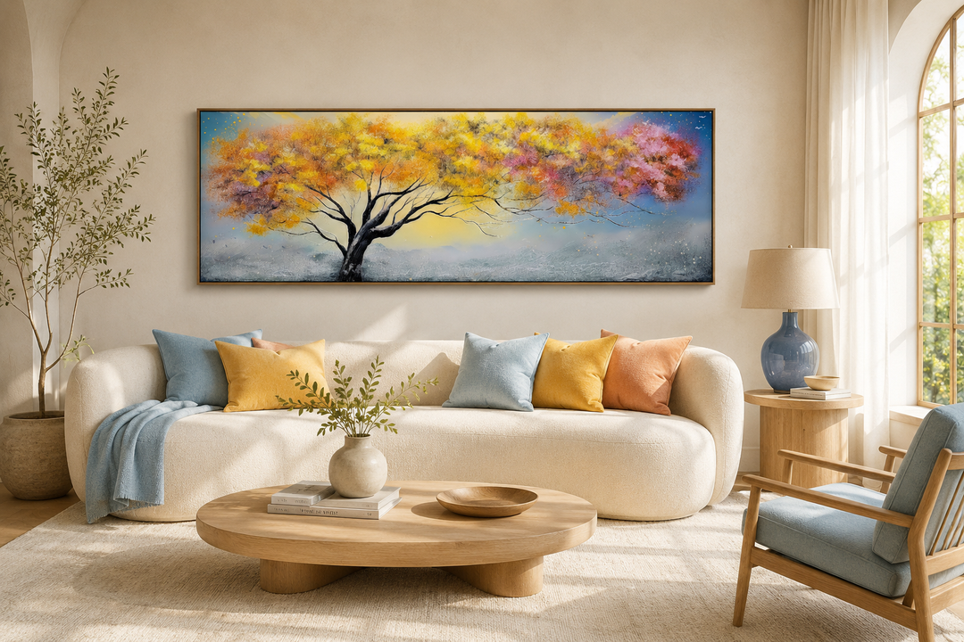 Horizontal framed canvas wall art of a colorful tree with pink, blue, and yellow foliage.