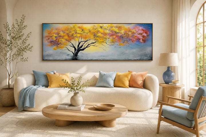 Horizontal framed canvas wall art of a colorful tree with pink, blue, and yellow foliage.