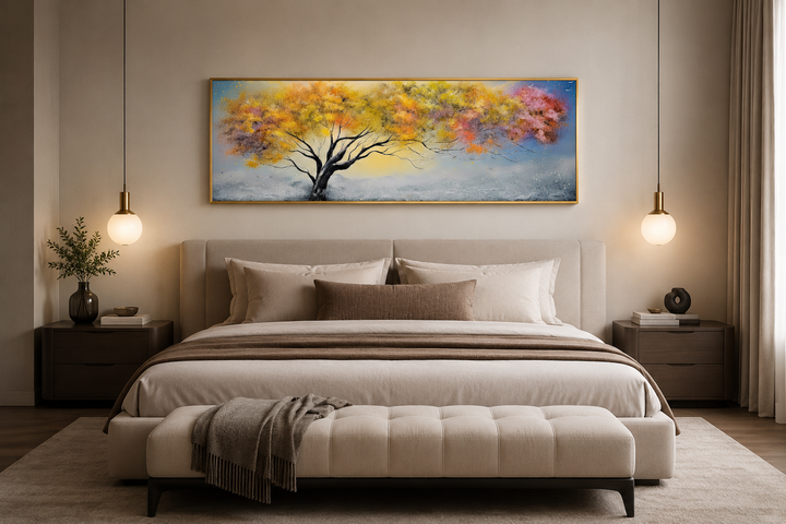 Horizontal framed canvas wall art featuring a colorful tree in pink, blue, and yellow over a bed.