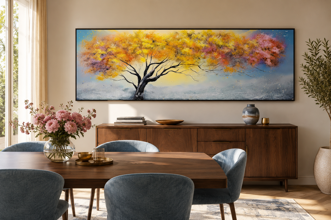 Horizontal framed canvas wall art featuring a vibrant multicolored tree in yellow, pink, and blue.
