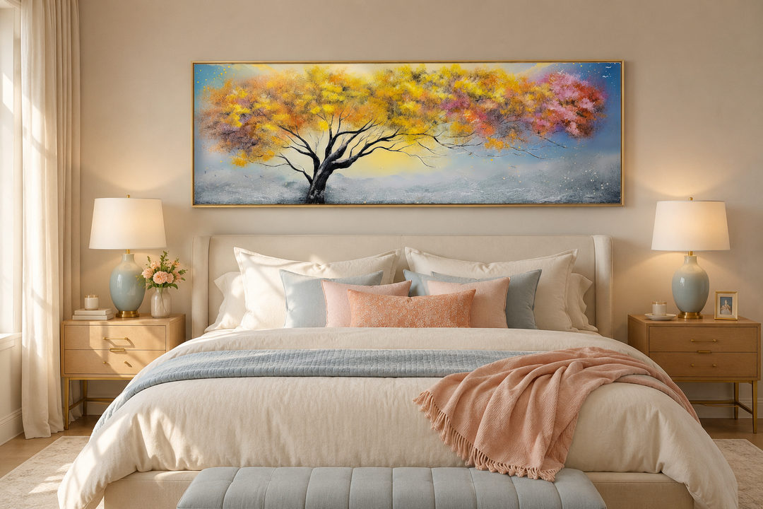 Horizontal framed canvas wall art of a colorful tree in yellow, pink, and blue over a bed.