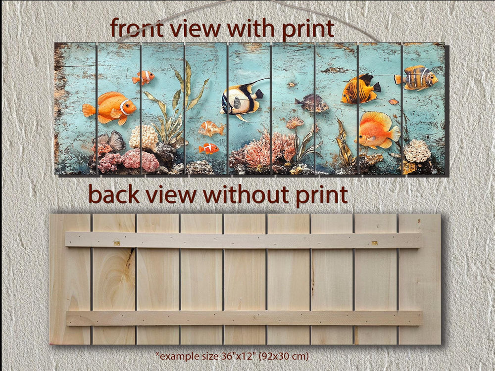 Long narrow wood wall art featuring a colorful tropical fish and coral reef print.
