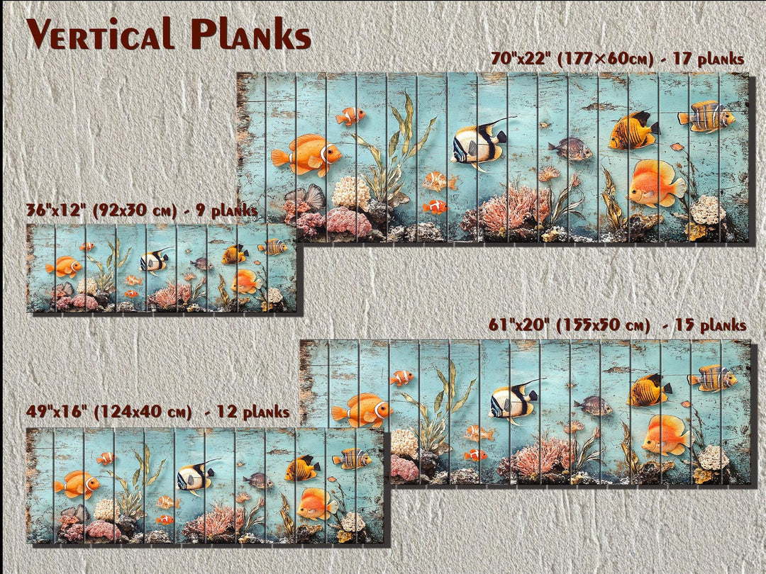 Four sizes of a long, narrow wood wall art piece featuring tropical fish and coral on blue planks.